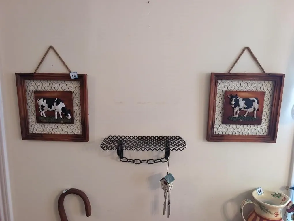 2 cow pictures, metal shelf, chimes