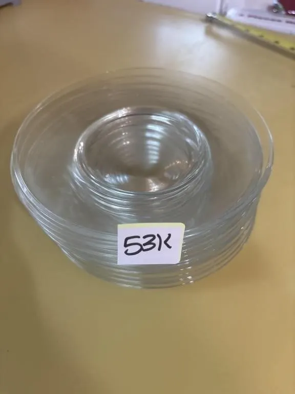 8 clear glass saucers 1 chipped
