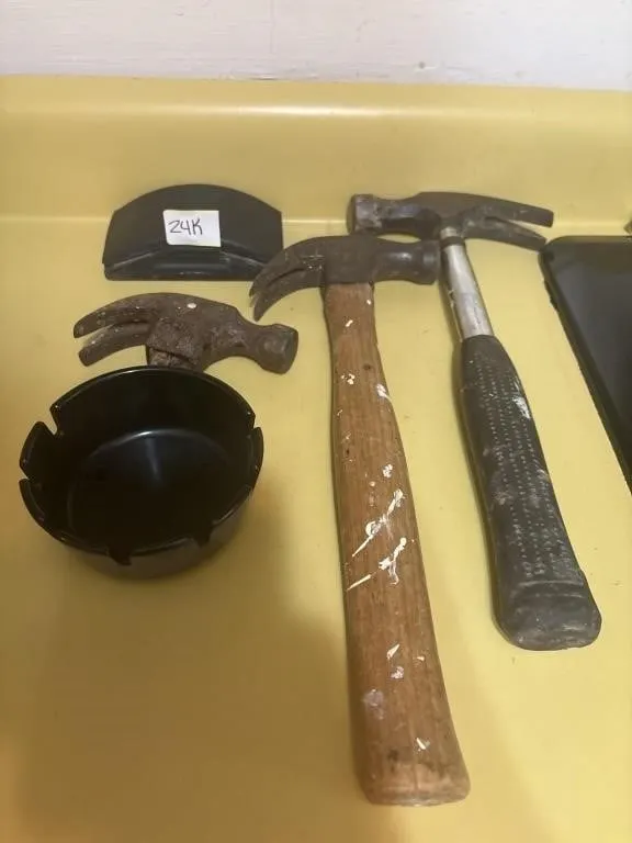 Hammers, sanding block, ash tray