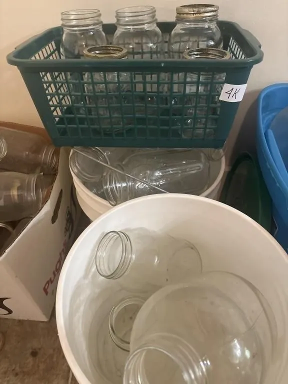 Lot of canning jars,2 5 gallon buckets and a