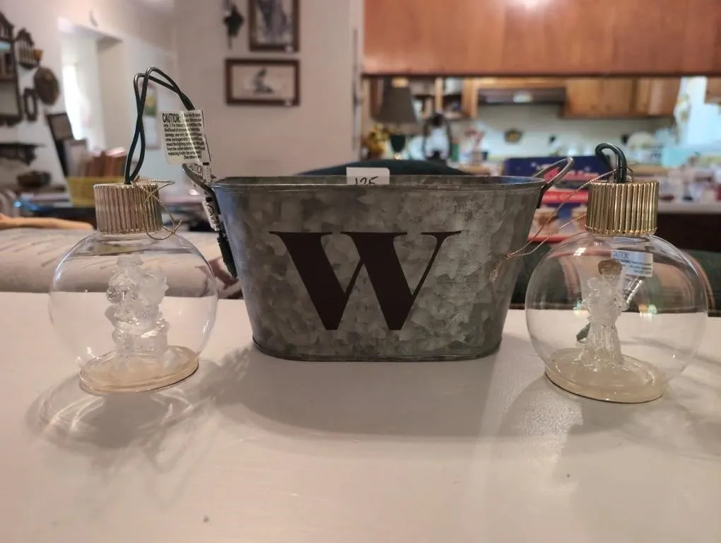 2 ornaments and W small bucket