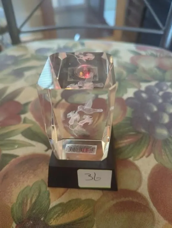 Glass etched hummingbird on lighted stand