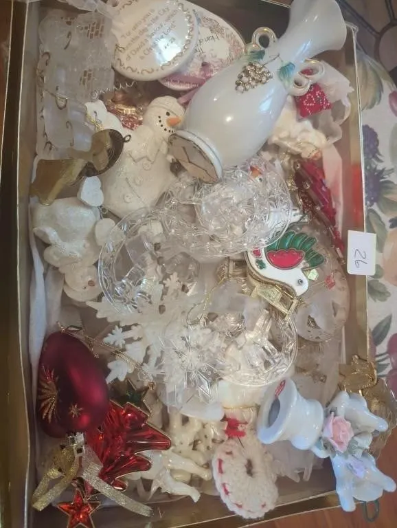 Box of Christmas decorations and ornaments