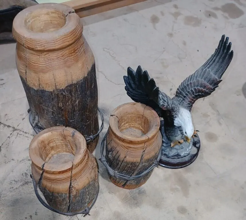 3 Wood candle holders & Eagle figure