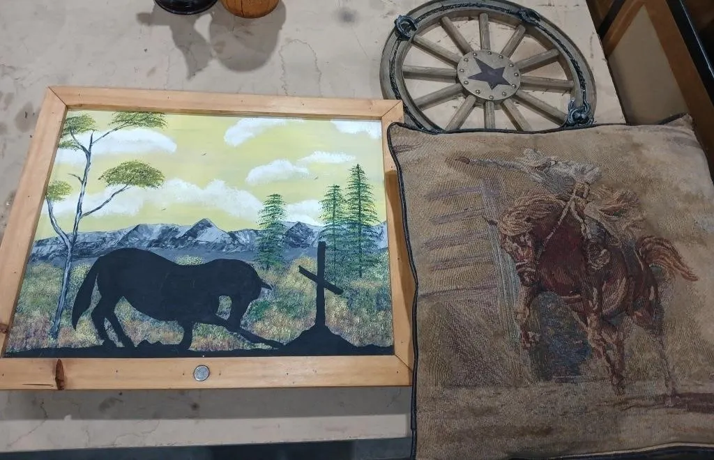 Horse painting, Wagon wheel wall art & 2 Horse