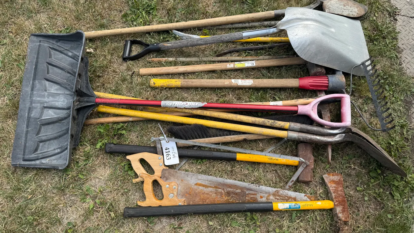 Various Shovels, Sledge Hammers, Saws, Rakes, Crowbars and More
