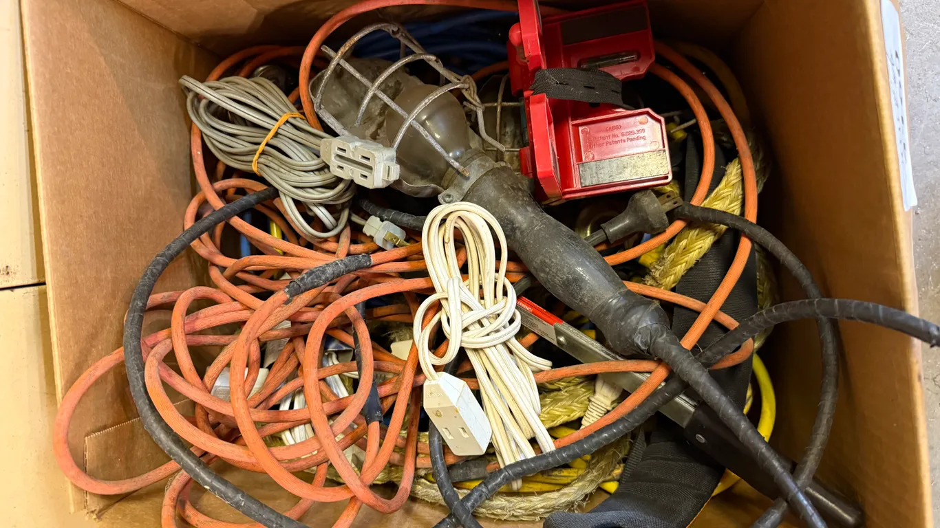 Box of Extension Cords, Work Light and More