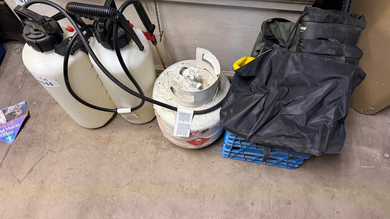 (2) 3-Gallon Sprayers, Propane Tank, Insulated Rubber Boots (Men's Size 10), Orleans Spectrum (Size