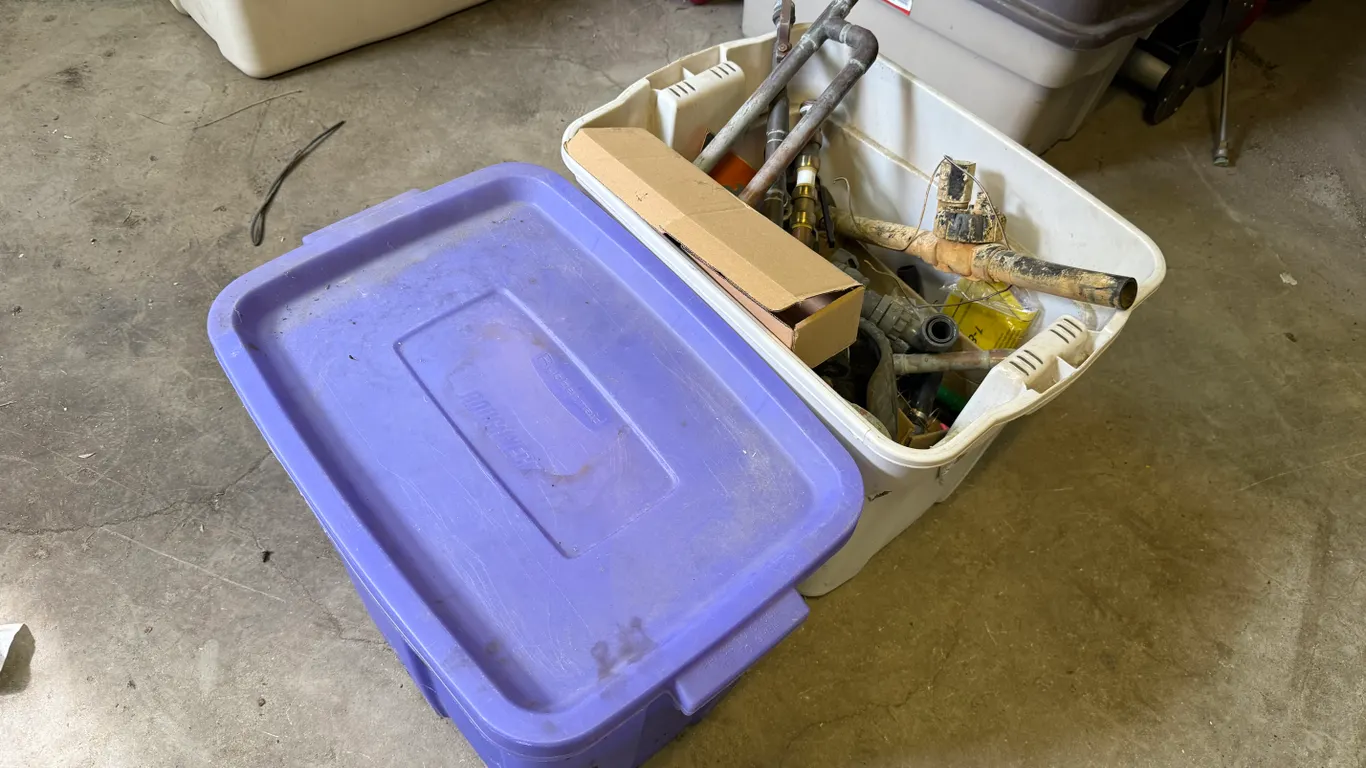 Box of Various Copper and PVC Pipe Fittings and Tote of Vehicle Fluids