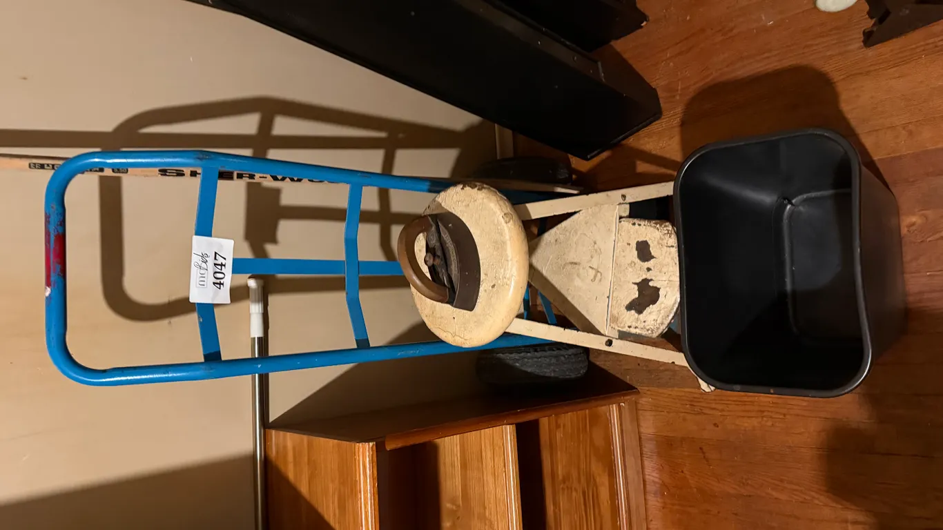 Garbage Bin, Stool, Vintage Iron and Dolly