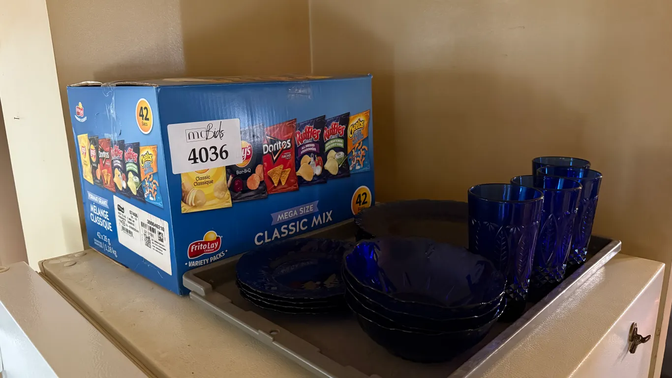 Box of Bakeware, Cookware and Small Set of Glass Plates and Cups