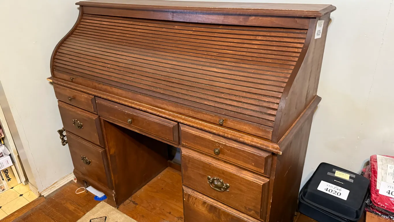 Solid Wood Desk with Sliding Closeable Top and Contents