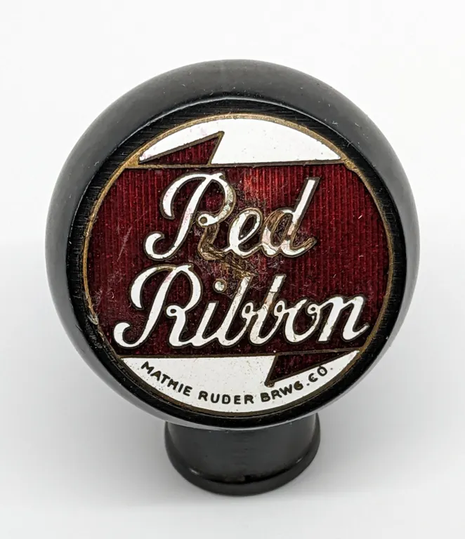BALL TAP KNOB HANDLE RED RIBBON BEER MATHIE RUDER BREWING WAUSAU WISCONSIN