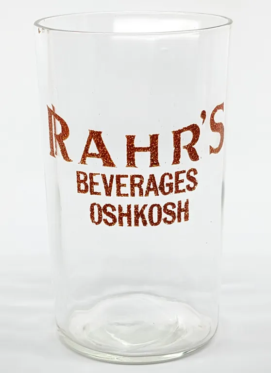 PROHIBITION ERA RAHR'S BEVERAGES OSHKOSH WISCONSIN DRINKING GLASS