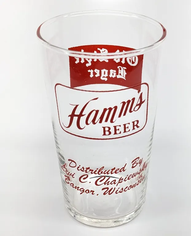HAMMS & HEILEMANS OLD STYLE LAGER BEER DISTRIBUTED BY LEVI C. CHAPIEWSKY BANGOR WISCONSIN DRINKING GLASS