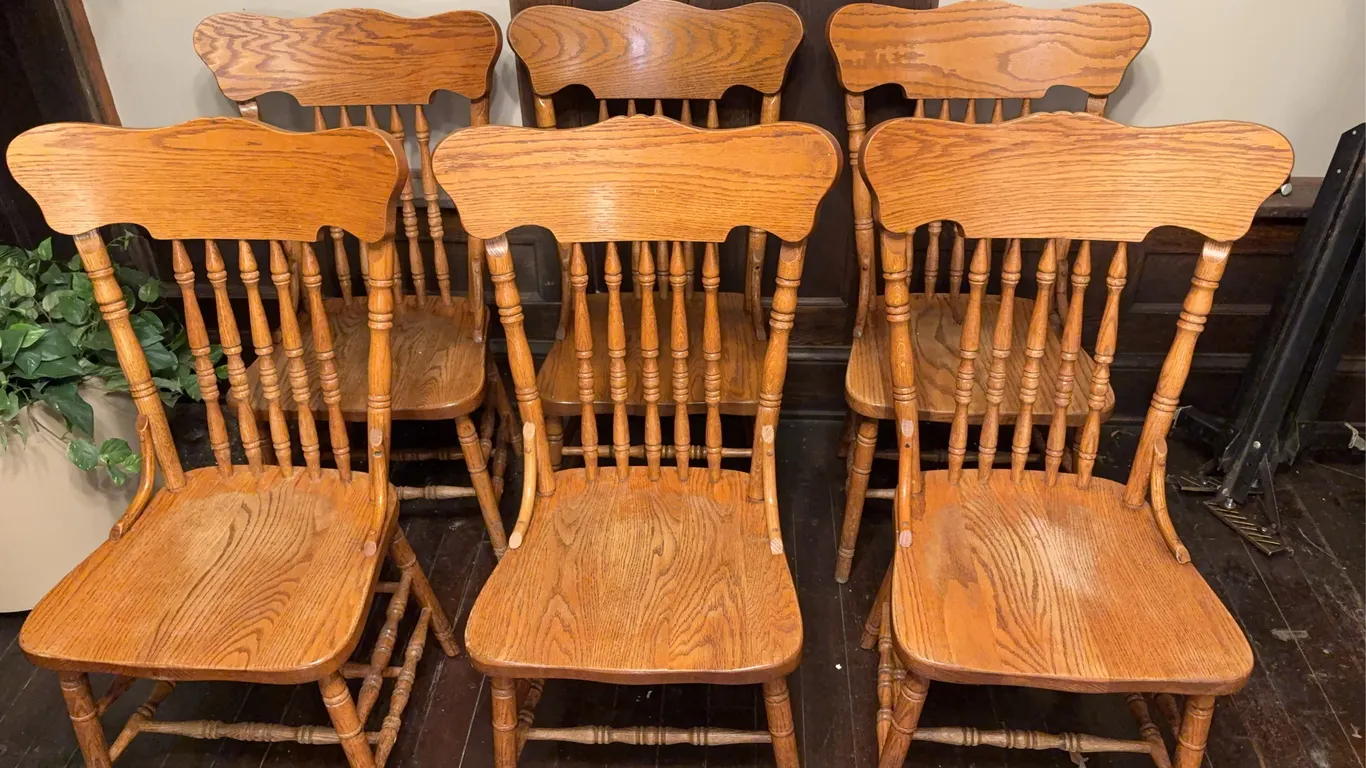 Six Oak Spindle Back Chairs