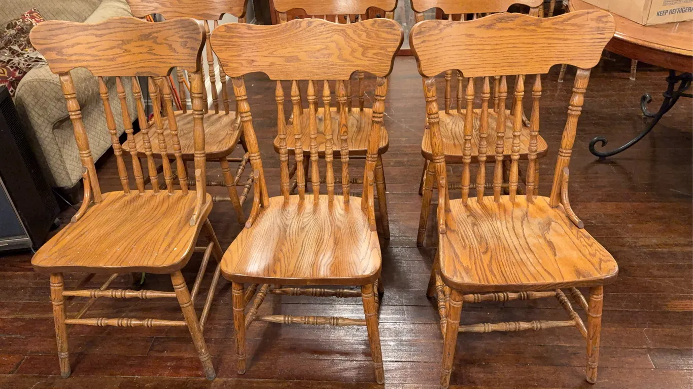 Six Oak Spindle Back Chairs