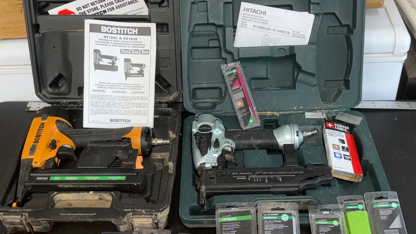 Hitachi NT50AE2 & Bostitch SX1838 Pneumatic Nailers with Cases & Fasteners