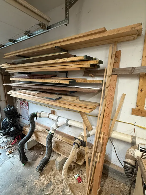 Assorted Hardwood & Lumber with Wall Storage Racks