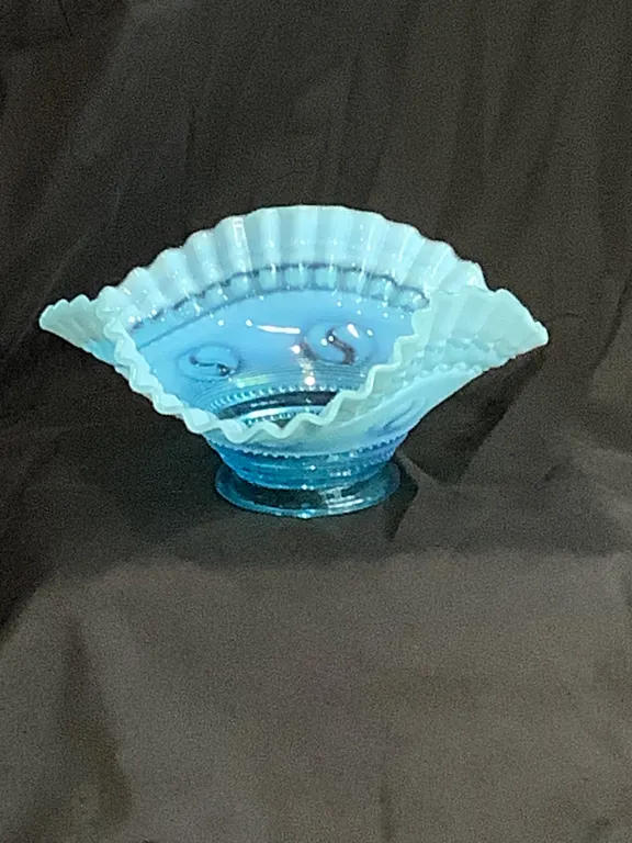 1950s Jefferson Astro Glass Aqua Opalescent Ruffled Candy Dish