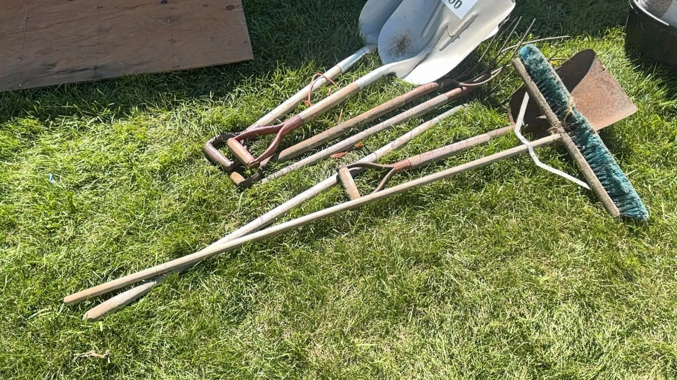 3 SHOVELS, 4 FORKS & PUSH BROOM