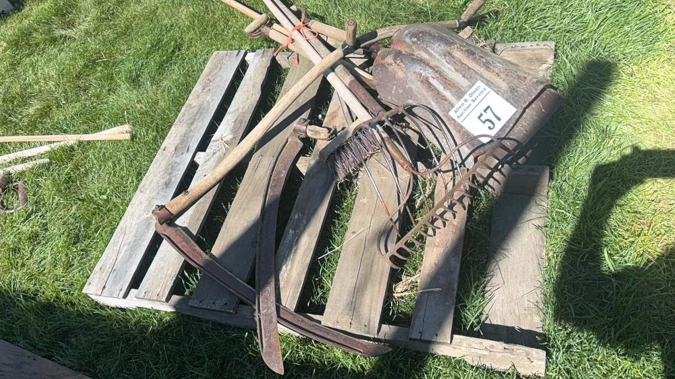 2 SHOVELS, 2 FORKS, PUSH BROOM, RAKE & SCYTHE