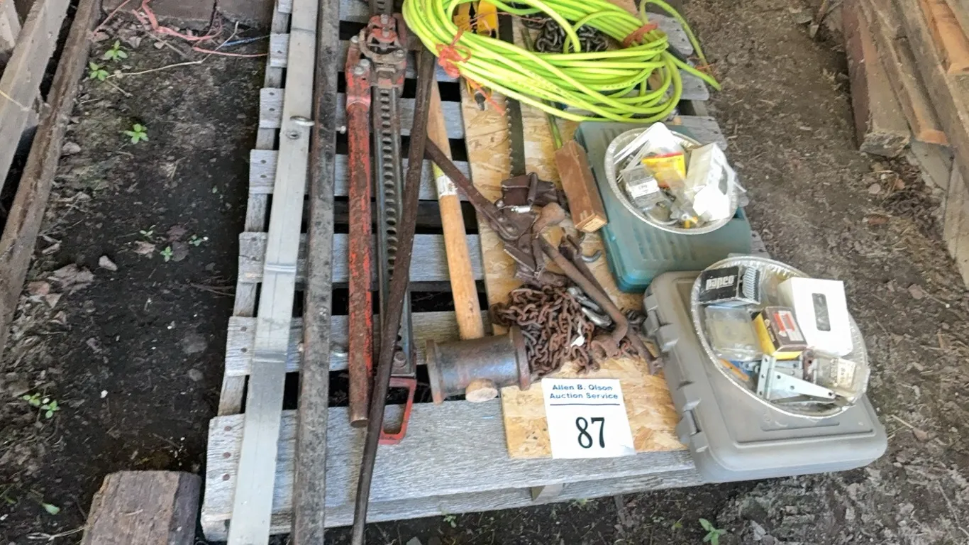 100' AIR HOSE, FLOOR JACK, PRY BAR, POST MAUL, FENCE STRETCHER, CHAIN, DRILL & BITS