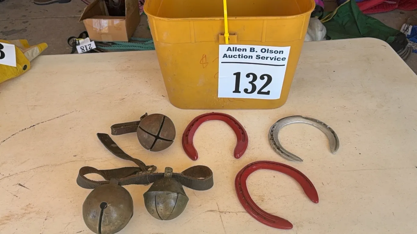 WHIP HOLDER, HORSE SHOES & ASSORTED BELLS