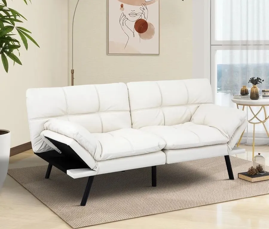 Jaykob 71 Inch Convertible Faux Leather Futon Sofa Bed with Adjustable Arms,