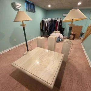 6 Piece Vintage Italian Travertine Marble Living Room Set Includes Coffee Table, 3 Pedestals, 2 Lamps