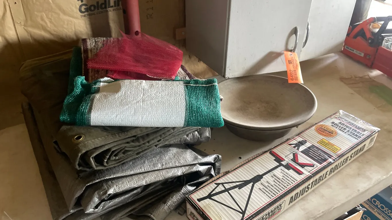 Speedway Adjustable Roller Stand, Heated Bird Bath, and Fishing Items