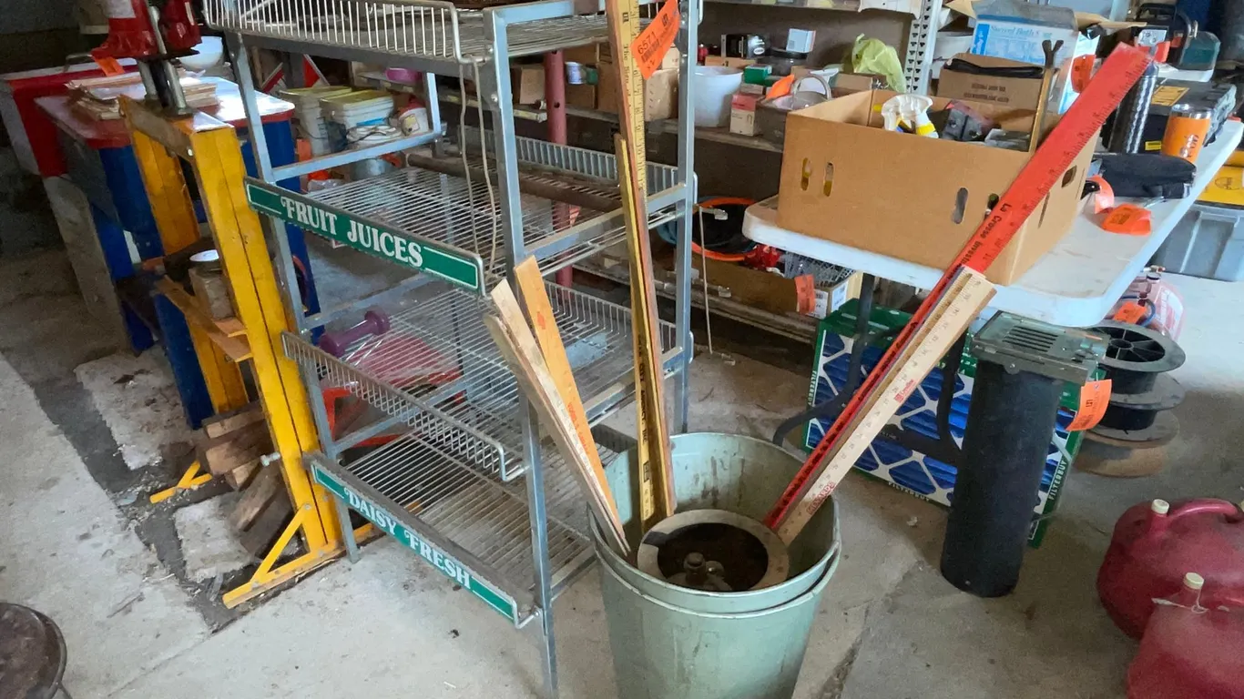 Vintage Fisher Peanut Can, Metal Rack, and Yardsticks