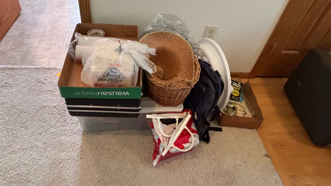 Wicker Basket, Hardsided Briefcase, and Backpack