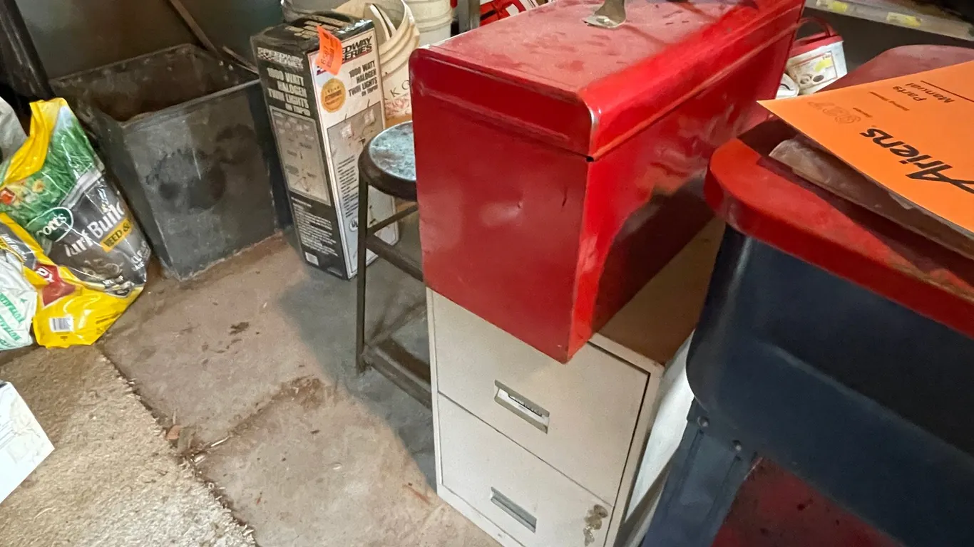 Craftsman 3 Drawer Toolbox and Contents, Metal Stool, and 2 Drawer Filing Cabinet