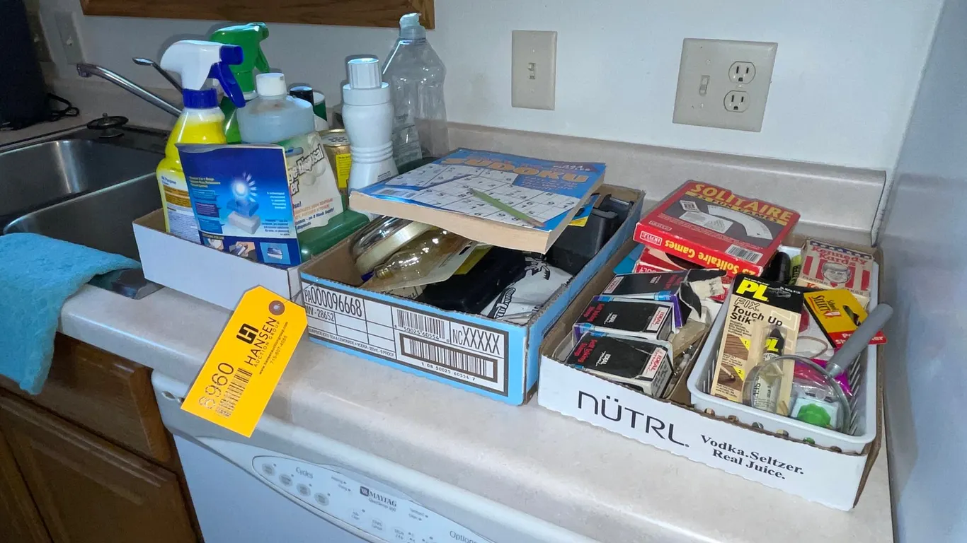 Household Cleaning Supplies and Contents of Drawer