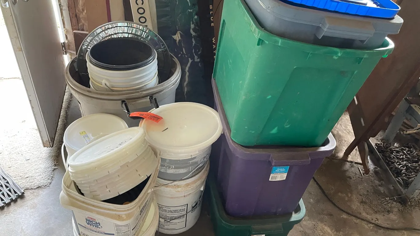 Assortment of Pails, Totes, and Garbage Can