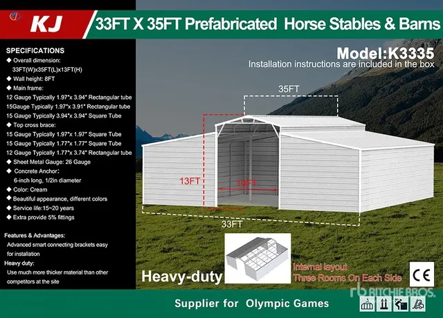 2026 KJ K3335 33 ft x 35 ft Prefabricated Horse Stables & Barns Storage Building (Unused)
