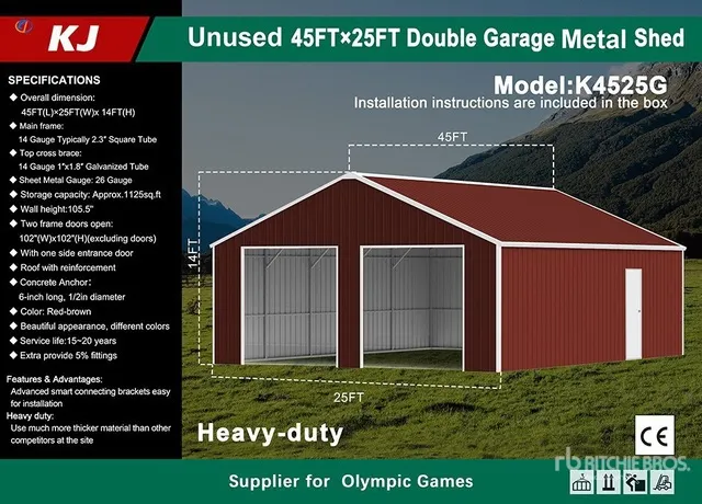 2026 KJ K4525G 25 ft x 45 ft Double Garage Metal Storage Building (Unused)