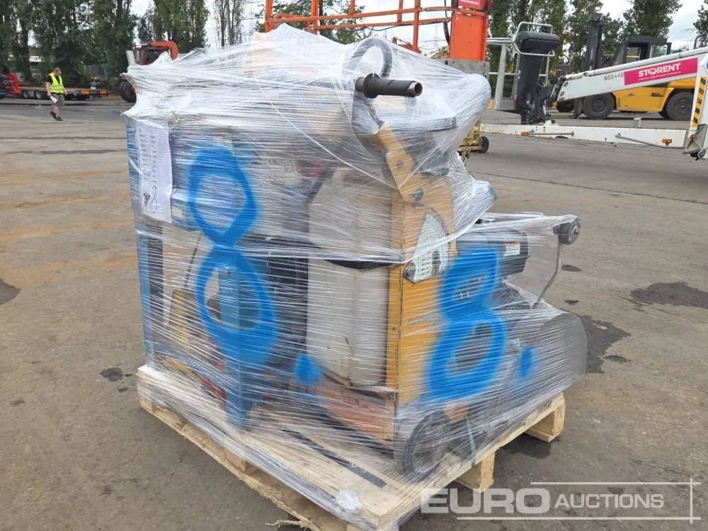 Pallet of Husqvarna Quick Cut Saws (2 of), Weda Pumps (2 of), Assorted Electric Tools (5 of), Concrete Poker, Master Heater, Walk Behind Asphalt Saw,