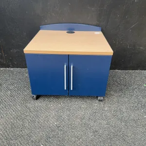 Blue and Wood Laminate Rolling Storage Cabinet with Double Doors