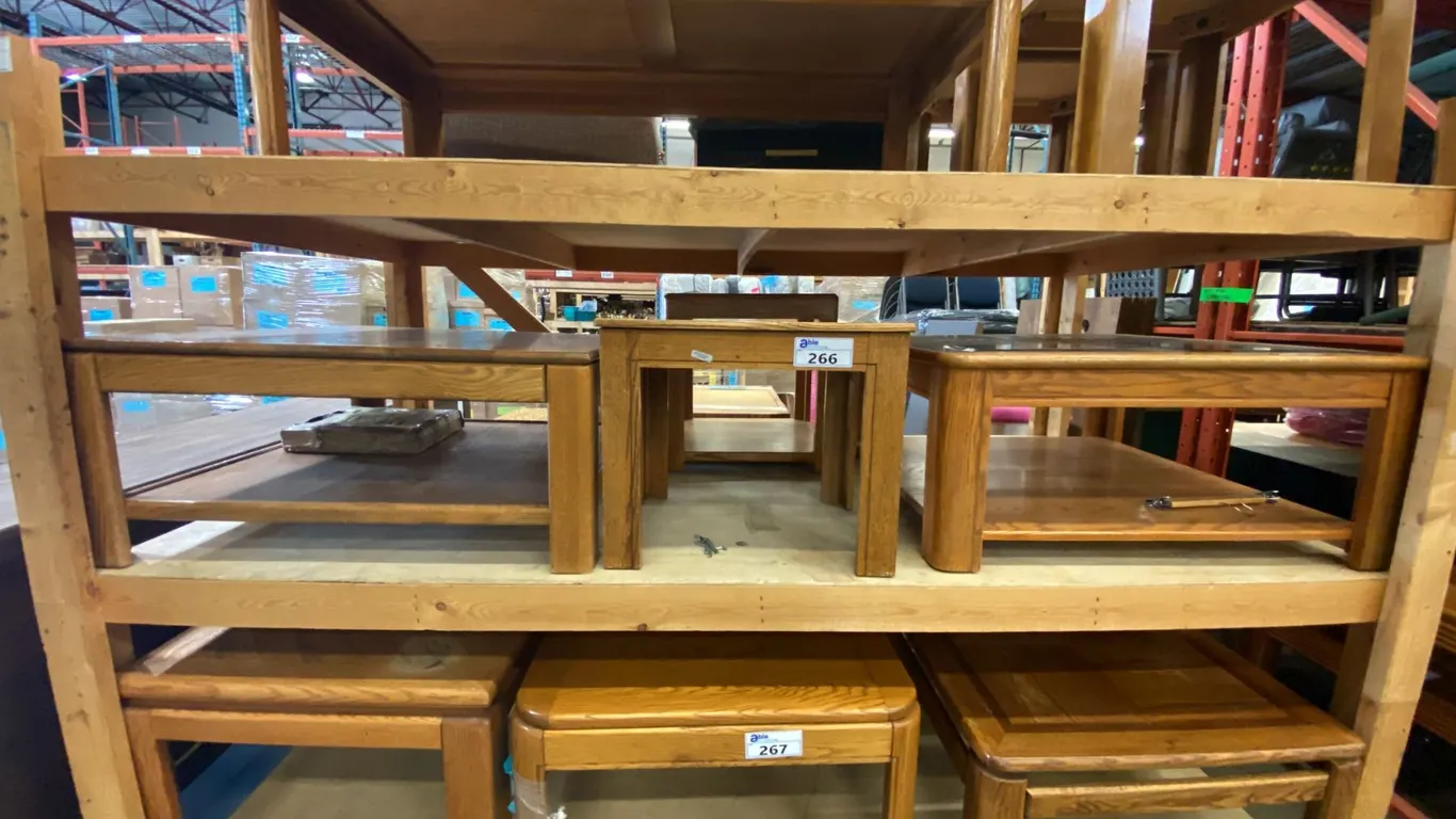 2 OAK SQUARE COFFEE TABLES AND 2 END TABLES
