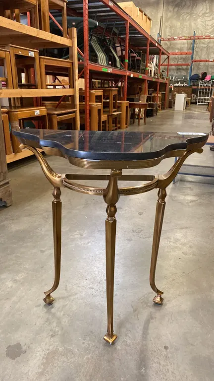 HEAVY BLACK MARBLE TOP HALL TABLE WITH HEAVY BRASS BASE