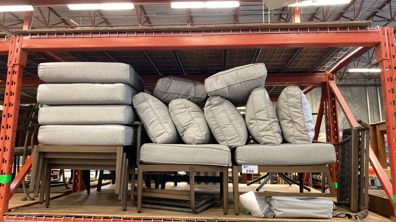 GROUP OF 6 GREY AND BEIGE ALUMINUM FRAMED PATIO CHAIRS WITH CUSHIONS