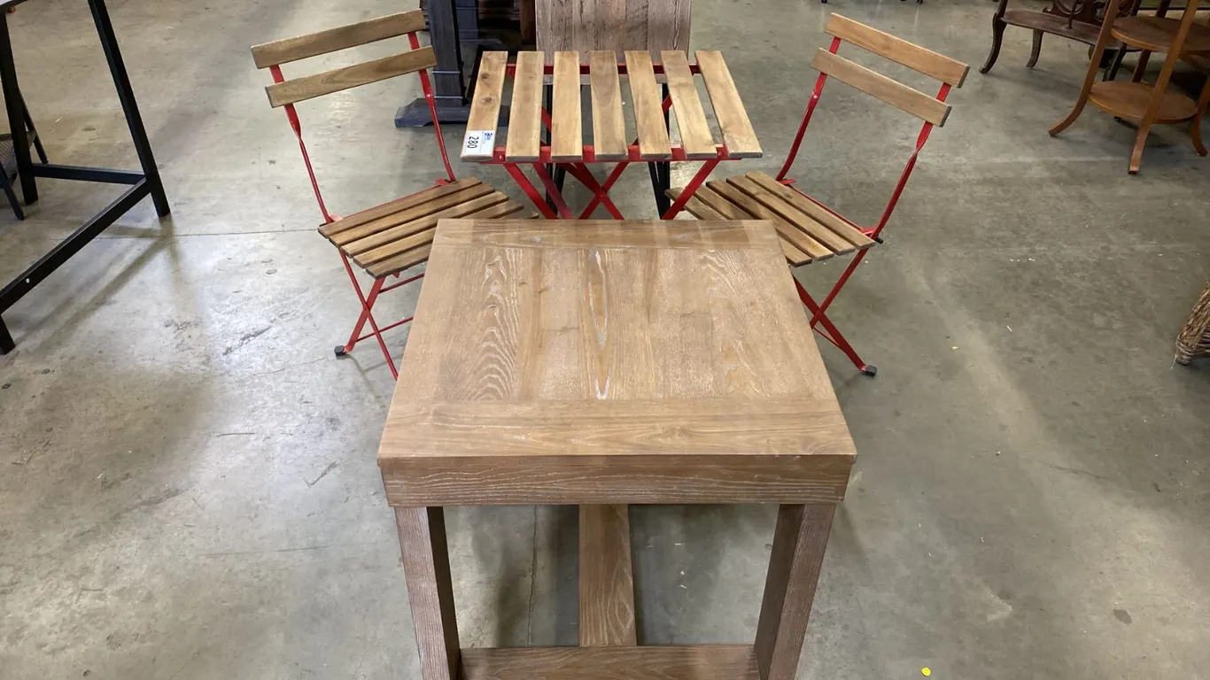 3 PCS. RED METAL WITH WOOD BOARD FOLDING BISTRO/PATIO SET AND 1 CONTEMPORARY BEIGE OAK