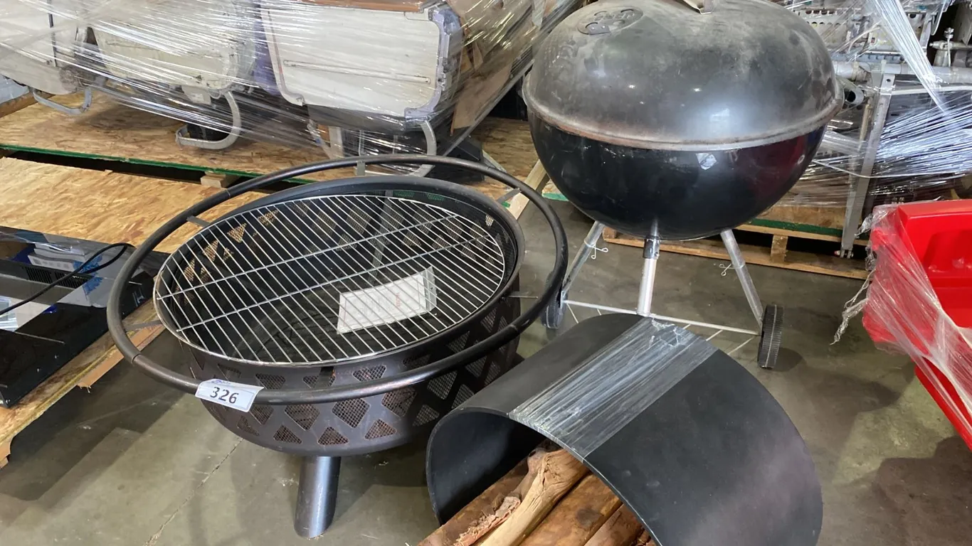 FIRE PIT, ROUND METAL WOOD HOLDER AND WEBER CHARCOAL BBQ