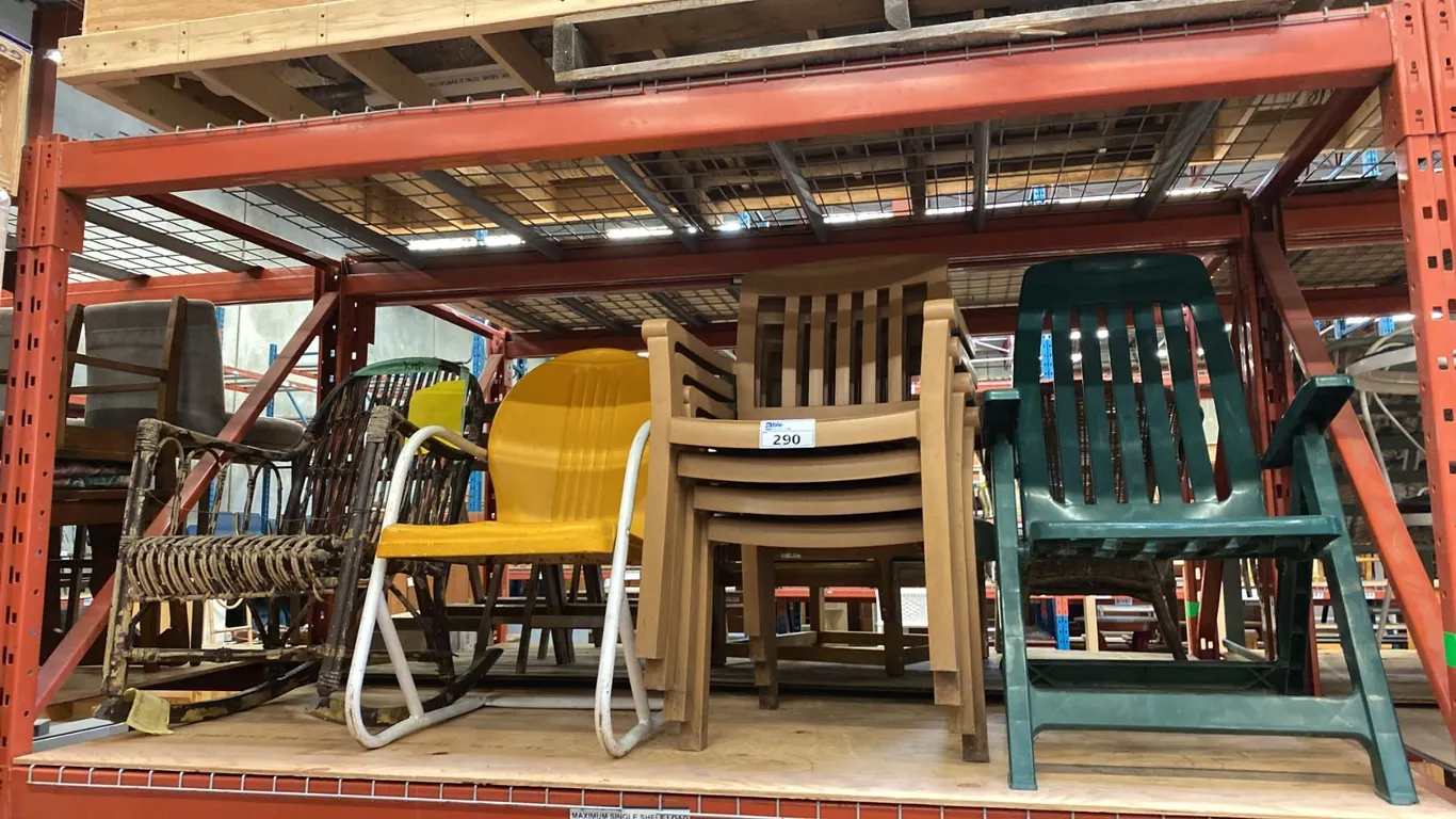 6 ASSORTED PATIO CHAIRS AND 1 WOODEN TWIG ROCKING CHAIR