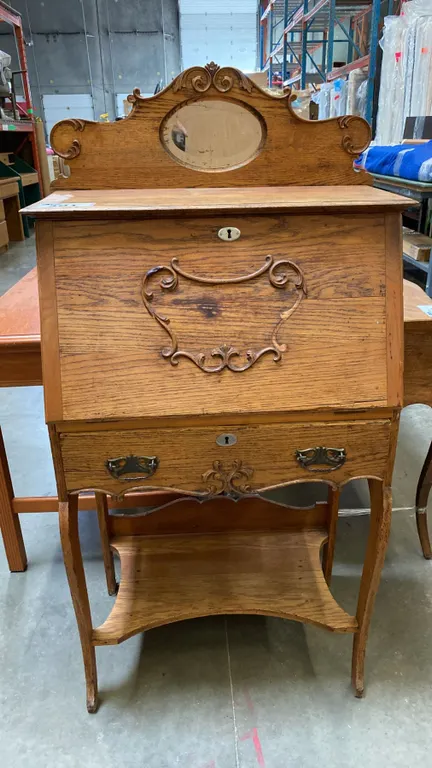 EARLY 1900"S MIRRORED BACK OAK DROP FRONT DESK