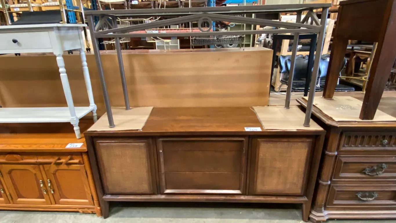 VINTAGE 2 DOOR/3 DRAWER SIDEBOARD AND METAL WITH GLASS TOP SOFA/HALL TABLE