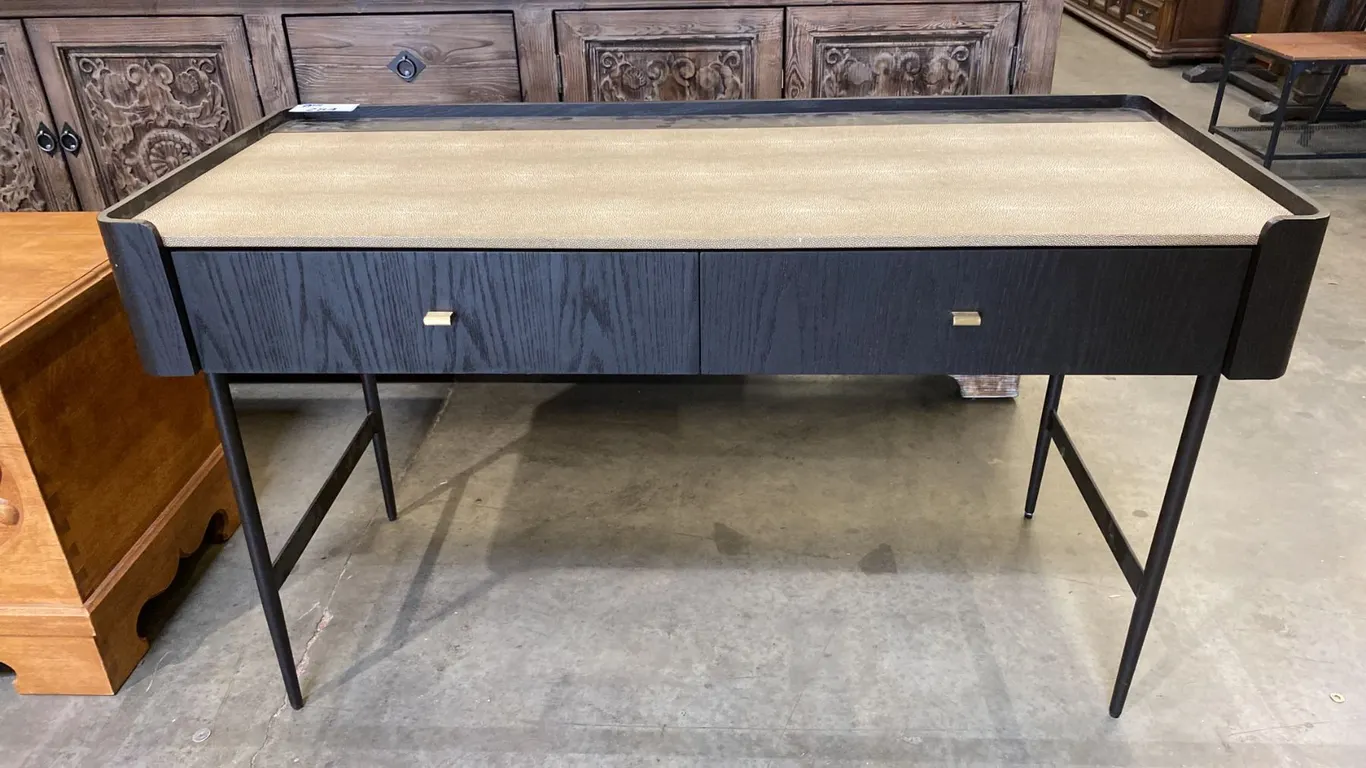 CONTEMPORARY BLACK PAINTED OAK WITH METAL LEGS 2 DRAWER WRITING DESK - FEATURES STINGRAY