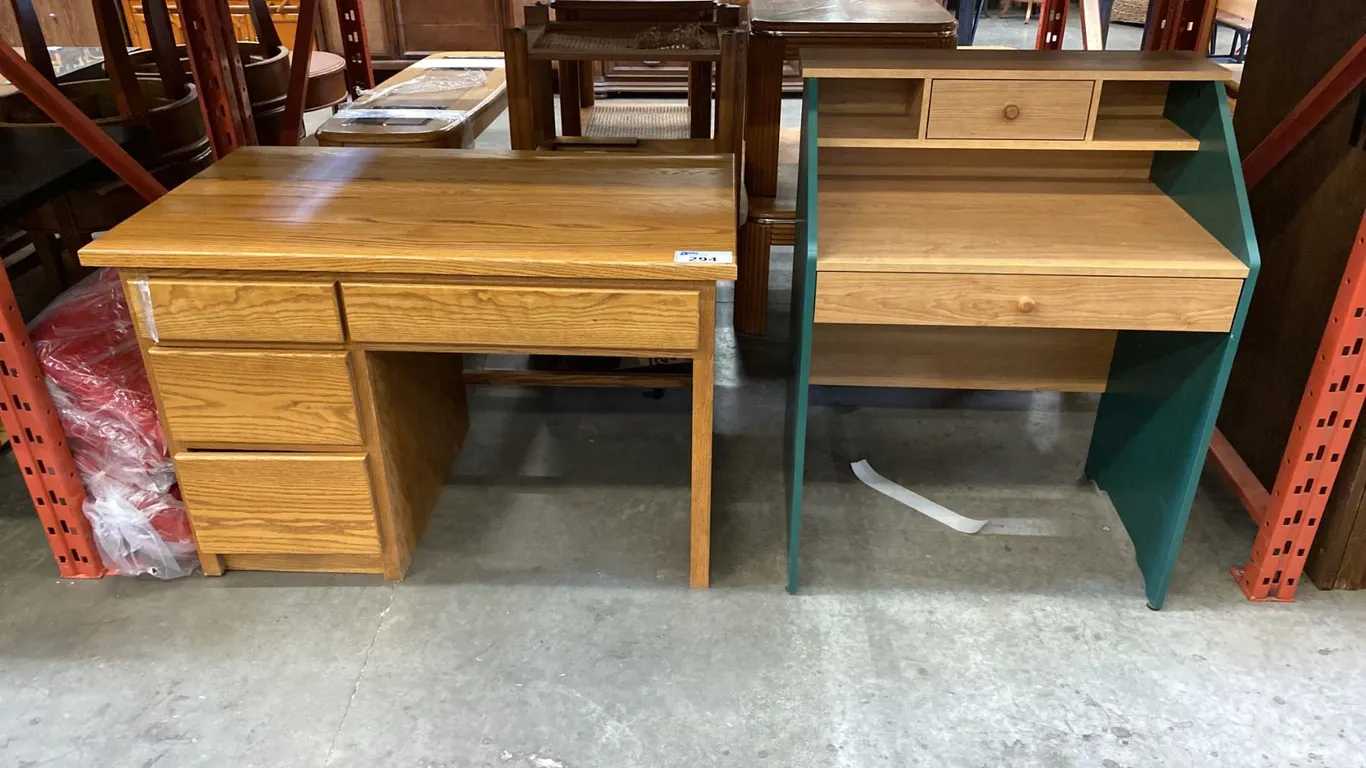2 SMALL DESKS - SOLID OAK 4 DRAWER AND GREEN & NATURAL 2 DRAWER